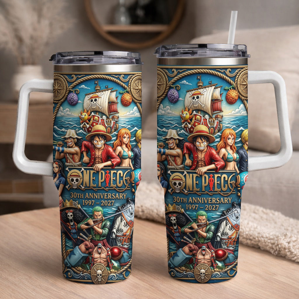 Pirate Anime Adventure 30th Anniversary Tumbler, 1997–2027 Manga Inspired Travel Cup, Ocean Crew Stainless Tumbler With Handle