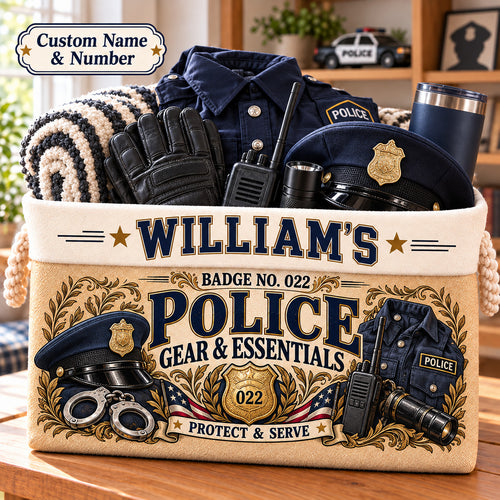 Personalized Police Officer Storage Basket, Custom Name and Badge Number, Law Enforcement Gift