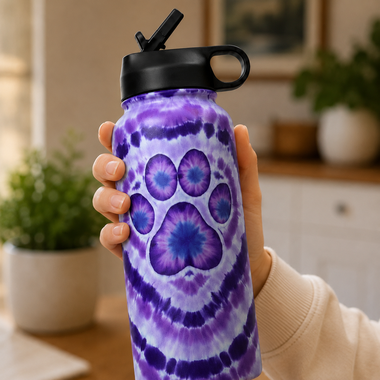 Tie-Dye Pet Paw Print Insulated Water Bottle