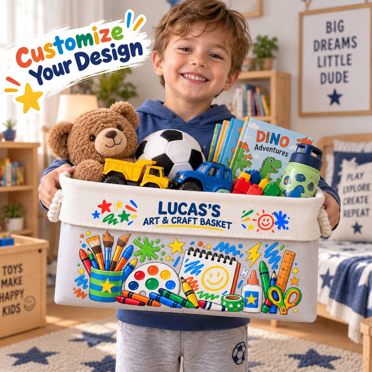 Personalized Kids Arts & Crafts Storage Basket, Custom Name Storage Bin with Rope Handles