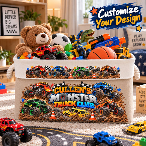 Personalized Monster Truck Toy Storage Basket, Custom Name Storage Bin with Rope Handles