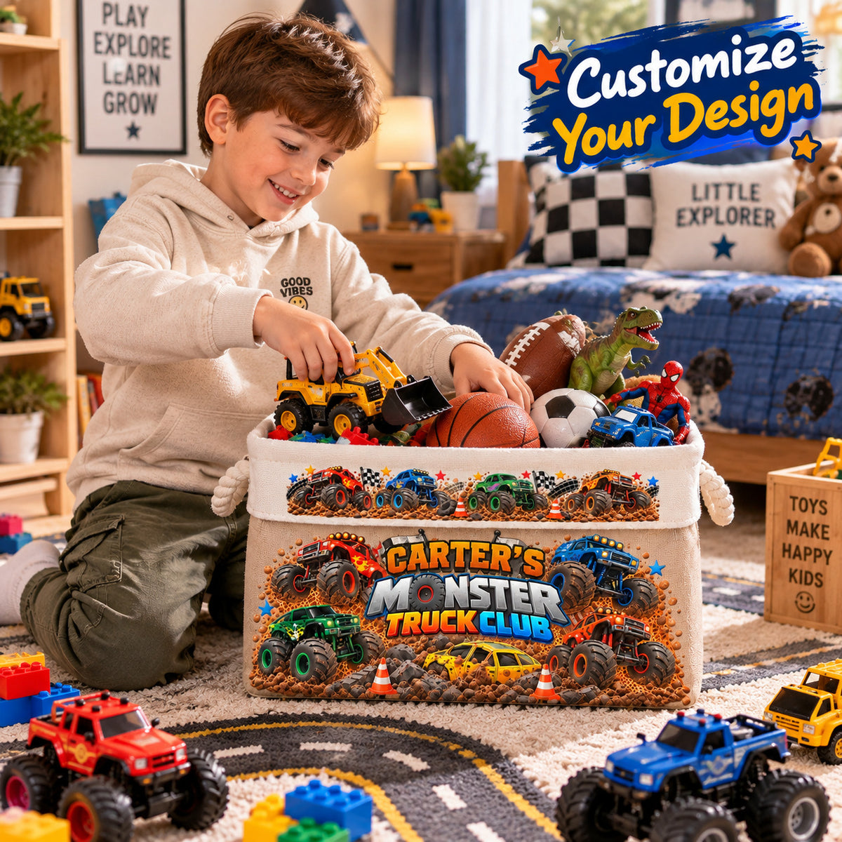 Personalized Monster Truck Toy Storage Basket, Custom Name Storage Bin with Rope Handles