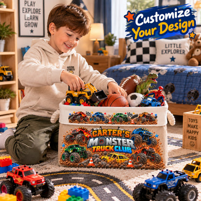 Personalized Monster Truck Toy Storage Basket, Custom Name Storage Bin with Rope Handles