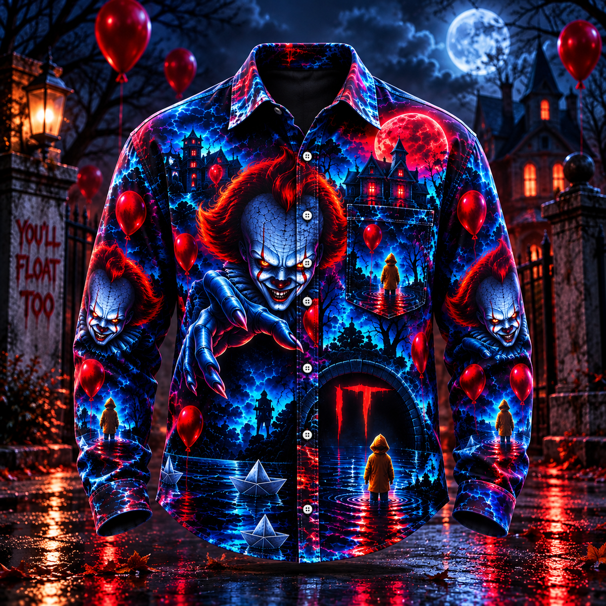 Halloween Pennywise Neon AOP Long Sleeve Shirt With Pocket