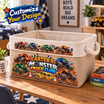 Personalized Monster Truck Toy Storage Basket, Custom Name Storage Bin with Rope Handles