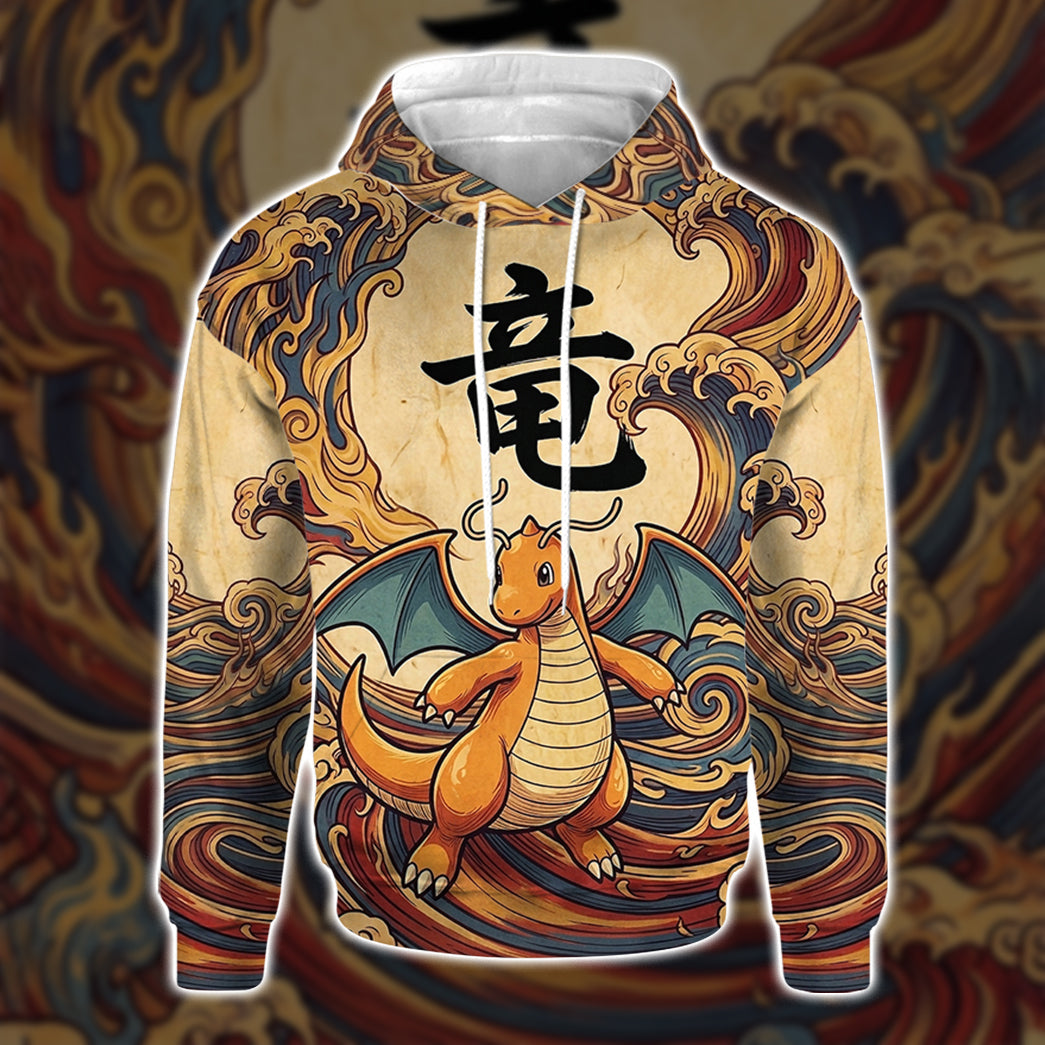 Anime PKM Dragonite Japanese Kanji Aesthetic All Over Printed Sweatshirt Hoodie Zip Hoodie T-Shirt
