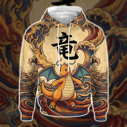 Anime PKM Dragonite Japanese Kanji Aesthetic All Over Printed Sweatshirt Hoodie Zip Hoodie T-Shirt