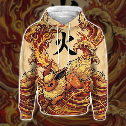 Anime PKM Flareon Japanese Kanji Aesthetic All Over Printed Sweatshirt Hoodie Zip Hoodie T-Shirt