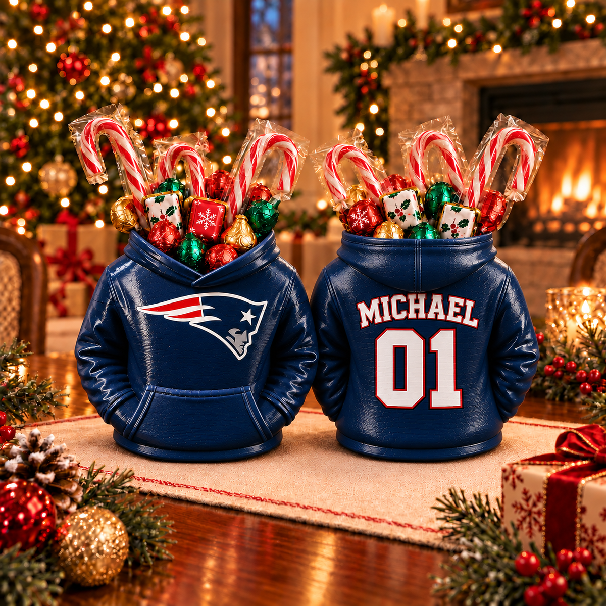 New England Patriots Personalized Hoodie Candy & Pen Holder – Custom Name & Number, 3D-Printed PLA