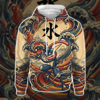 Anime PKM Greninja Japanese Kanji Aesthetic All Over Printed Sweatshirt Hoodie Zip Hoodie T-Shirt