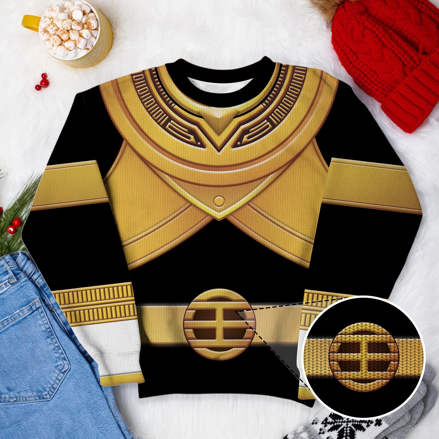 Gold Power Rangers Zeo Ugly Christmas Custom Imitation Knitted Sweatshirt