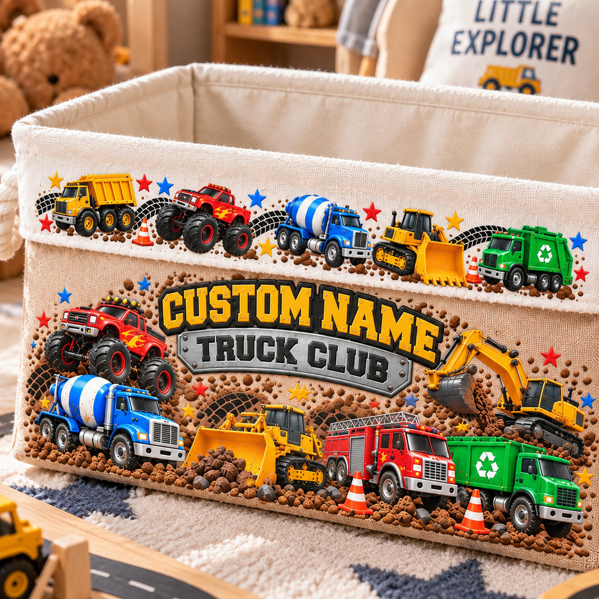 Personalized Truck Club Basket Custom Kid's Name, Custom Kid's Name Storage Bin with Rope Handles