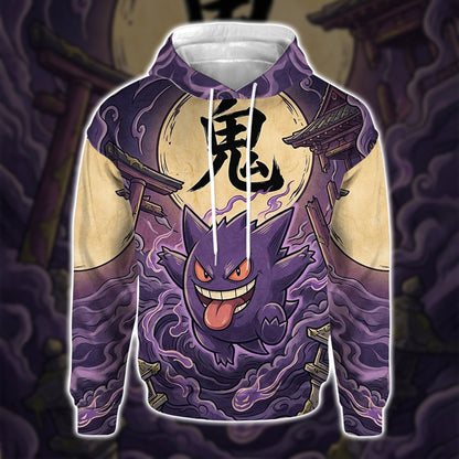 Anime PKM Gengar Japanese Kanji Aesthetic All Over Printed Sweatshirt Hoodie Zip Hoodie T-Shirt
