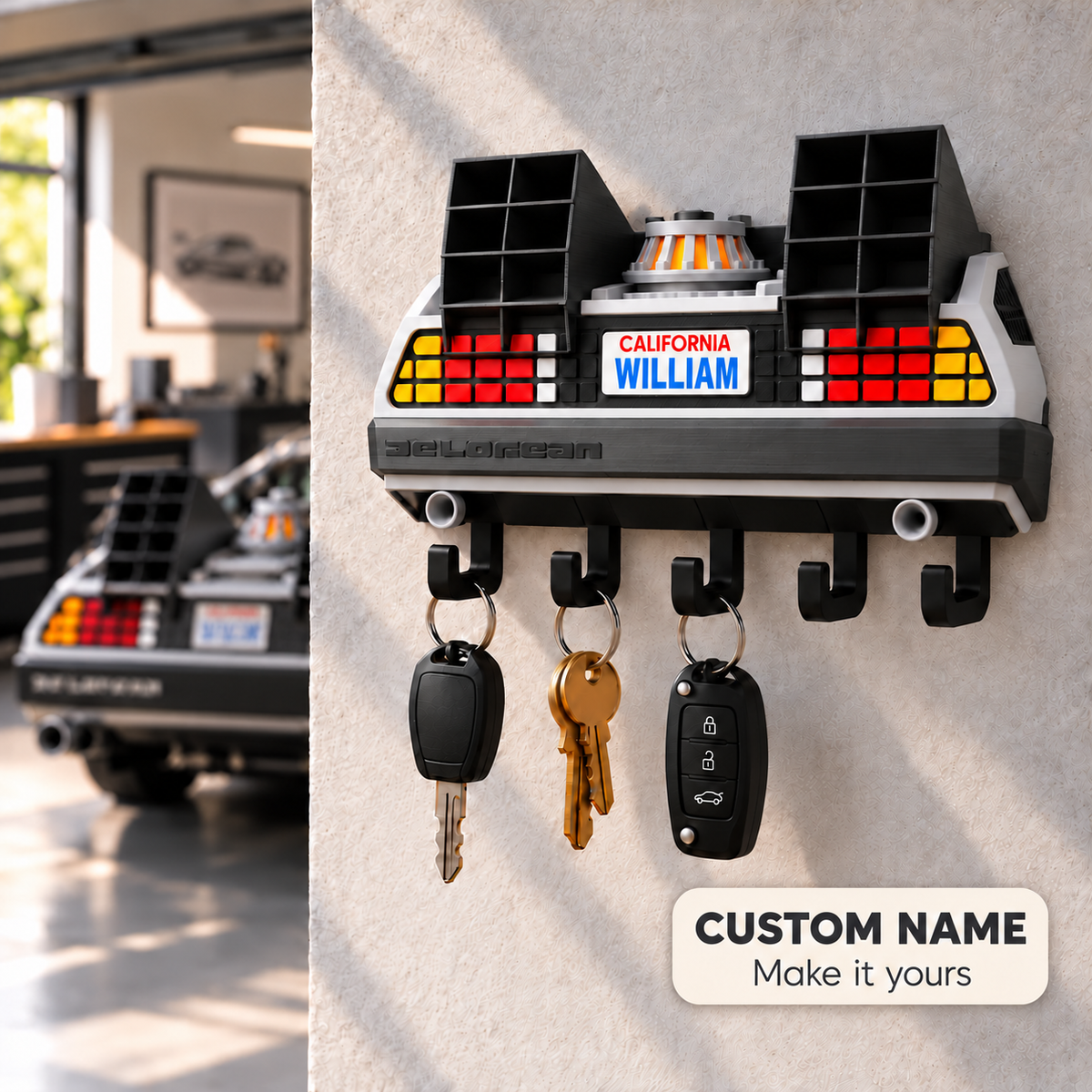 DeLorean Key Holder, Back to the Future Inspired Wall Key Rack, 3D Printed Car Key Holder