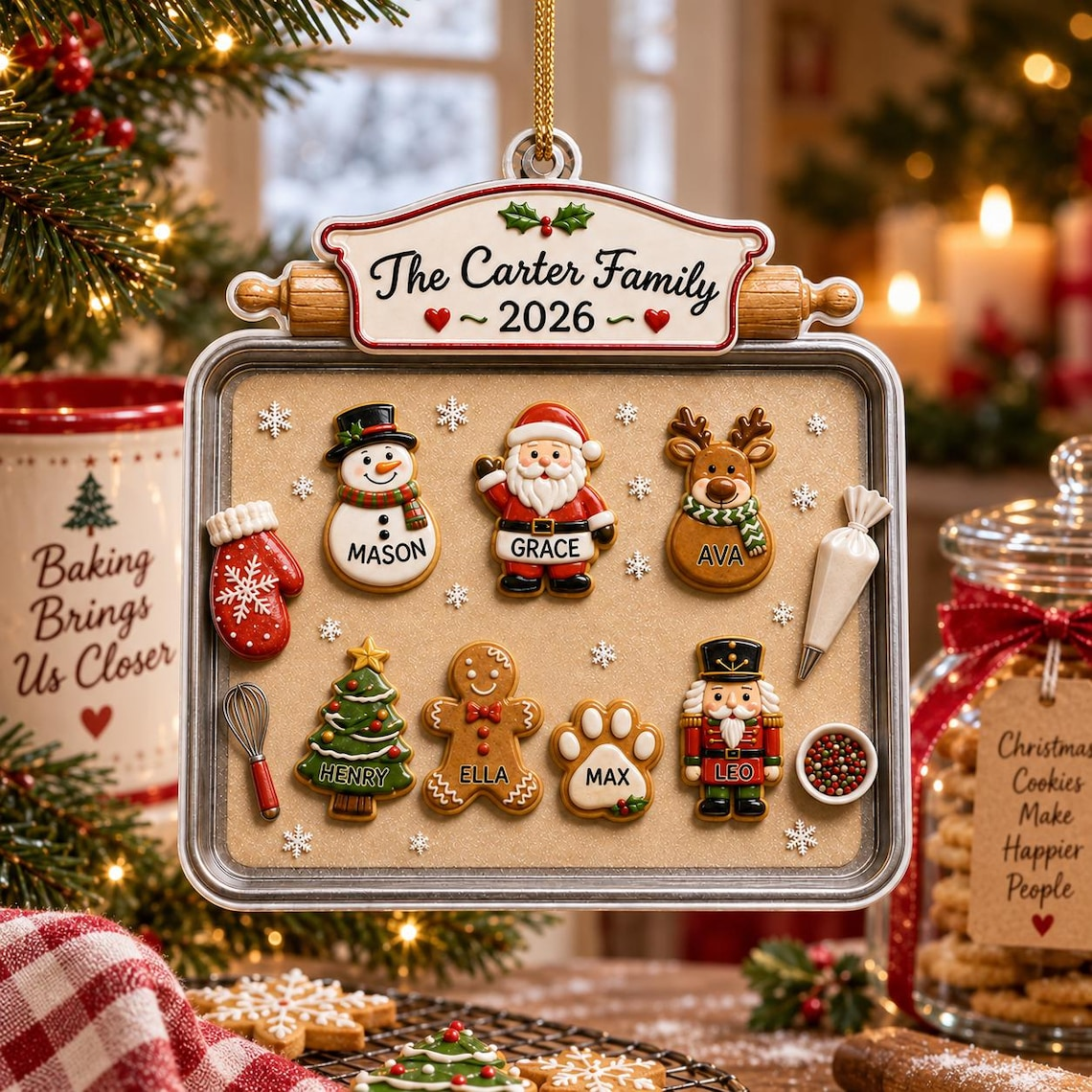 3D Raised Acrylic Family & Pet Christmas Cookie Tray Ornament, Custom Names
