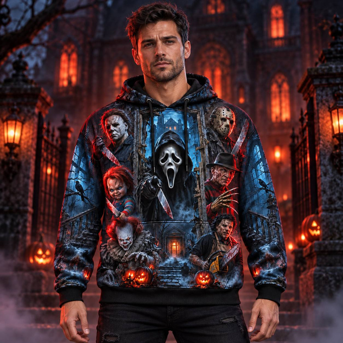 Horror Icons Haunted Mansion AOP T-Shirt Sweatshirt Hoodie