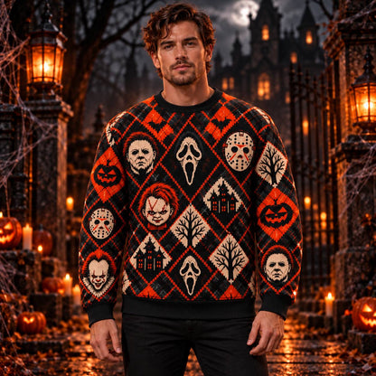 Horror Icons Halloween Argyle AOP T-Shirt Sweatshirt Hoodie