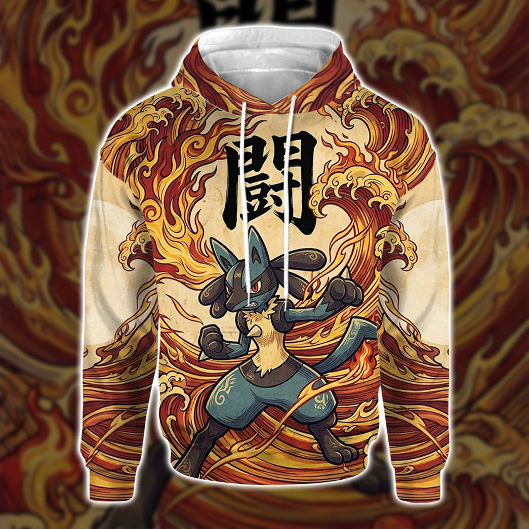 Anime PKM Lucario Japanese Kanji Aesthetic All Over Printed Sweatshirt Hoodie Zip Hoodie T-Shirt