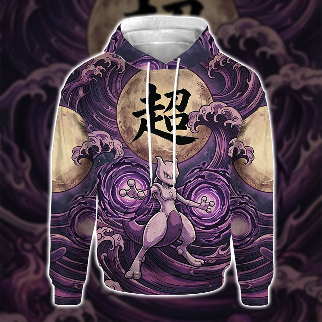 Anime PKM Mewtwo Japanese Kanji Aesthetic All Over Printed Sweatshirt Hoodie Zip Hoodie T-Shirt