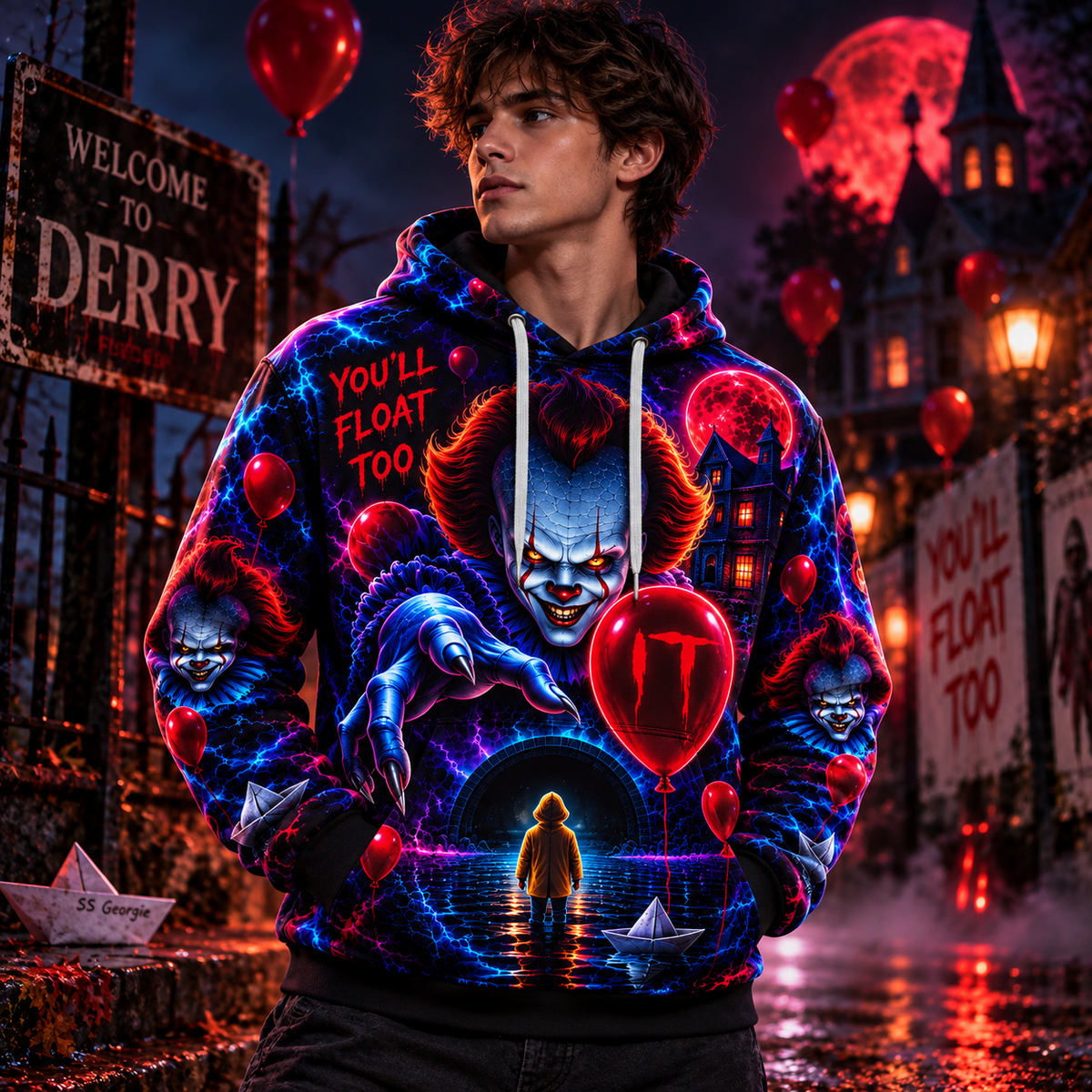 Halloween Neon Pennywise AOP T-Shirt Sweatshirt Hoodie