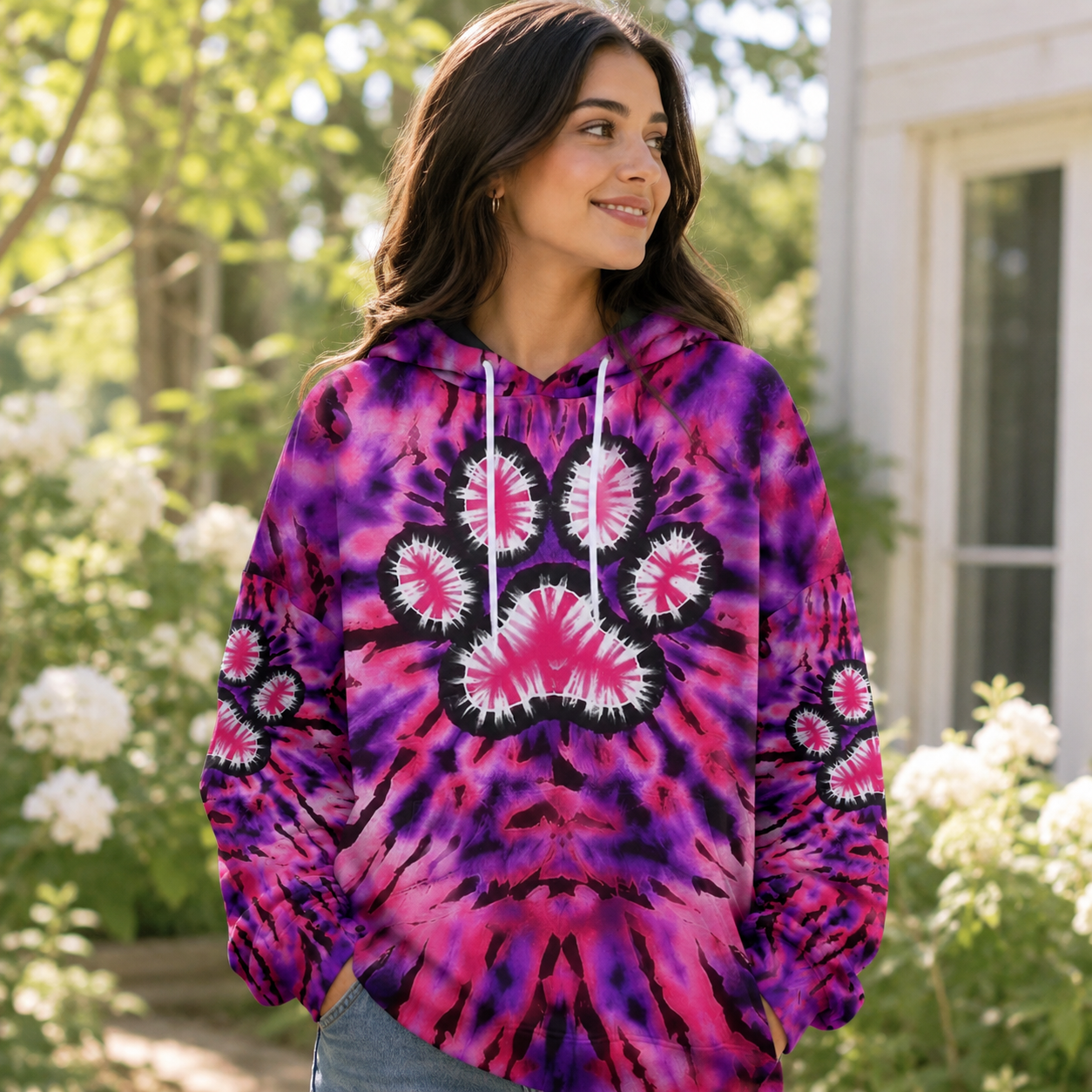 Pink Paw Galaxy Tie Dye Printed Hoodie Sweatshirt T-Shirt
