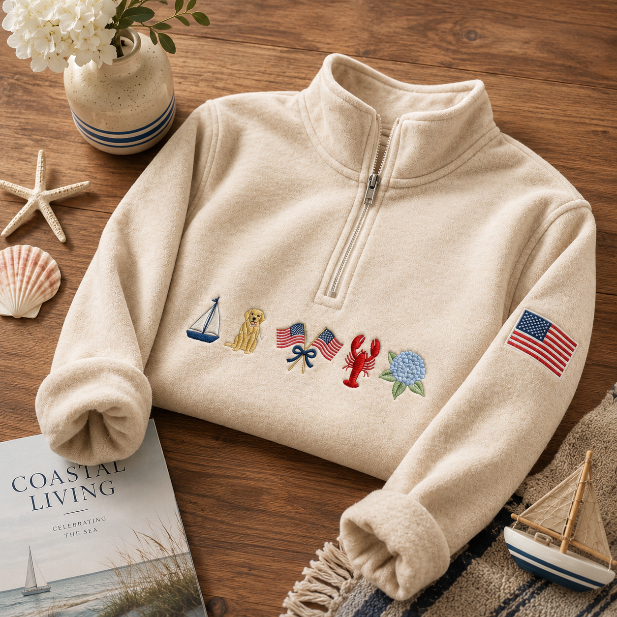 Coastal Embroidered Fleece Pullover Quarter-Zip Sweatshirt, Hoodie Sweatshirt T-Shirt