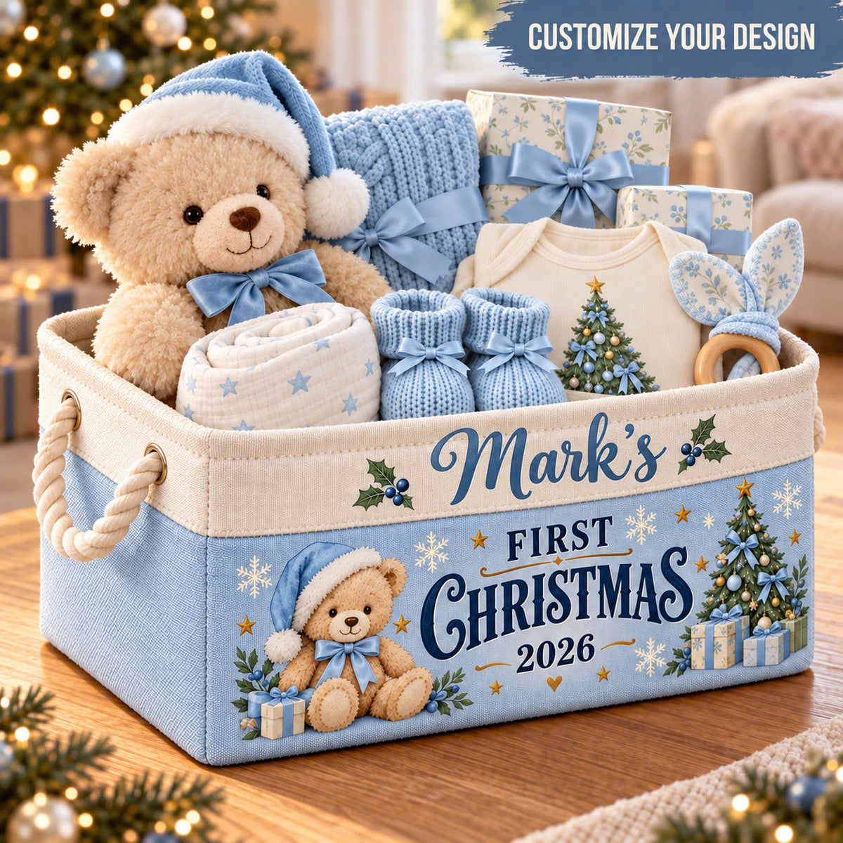 Personalized Baby First Christmas Storage Basket, Custom Name Storage Bin with Rope Handles