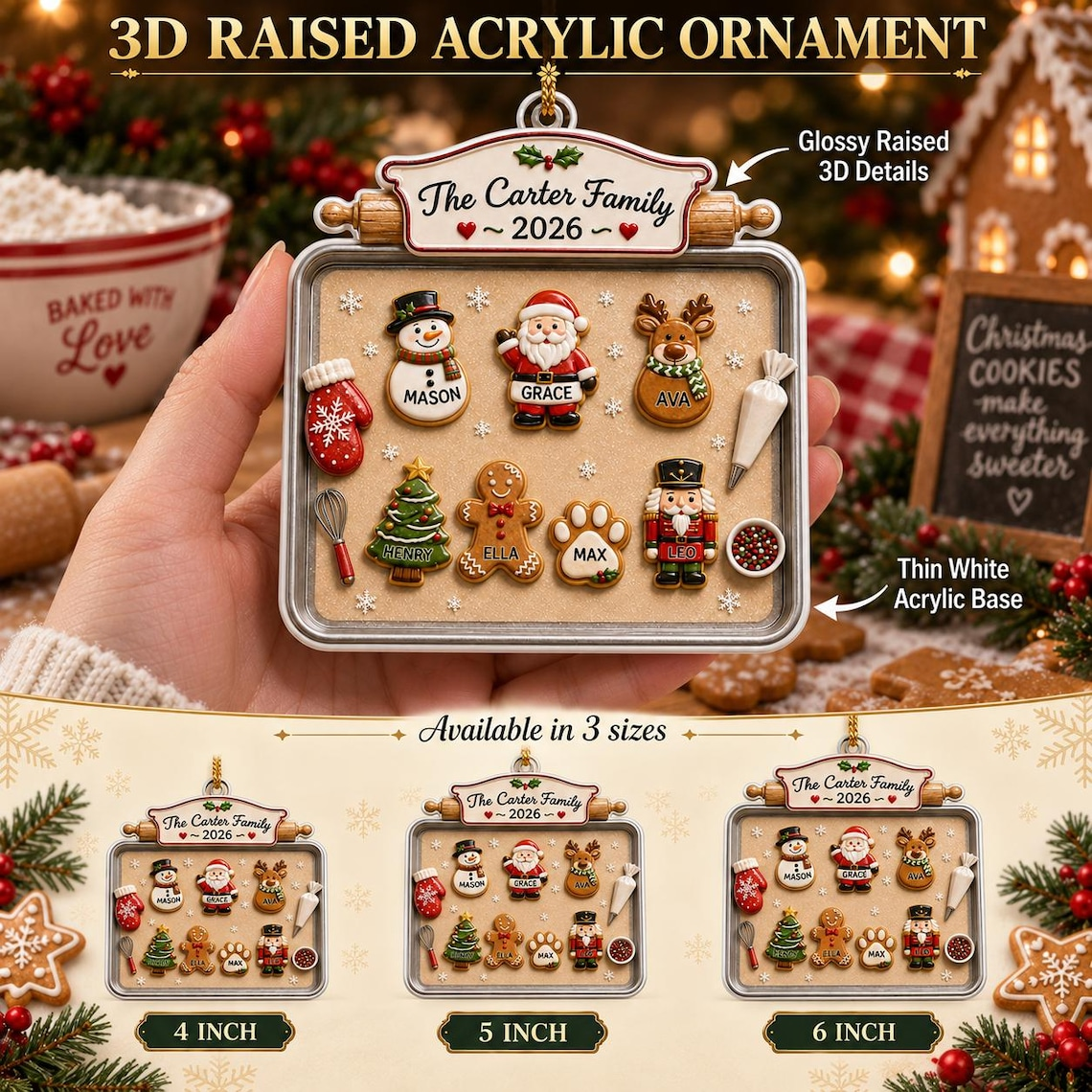 3D Raised Acrylic Family & Pet Christmas Cookie Tray Ornament, Custom Names