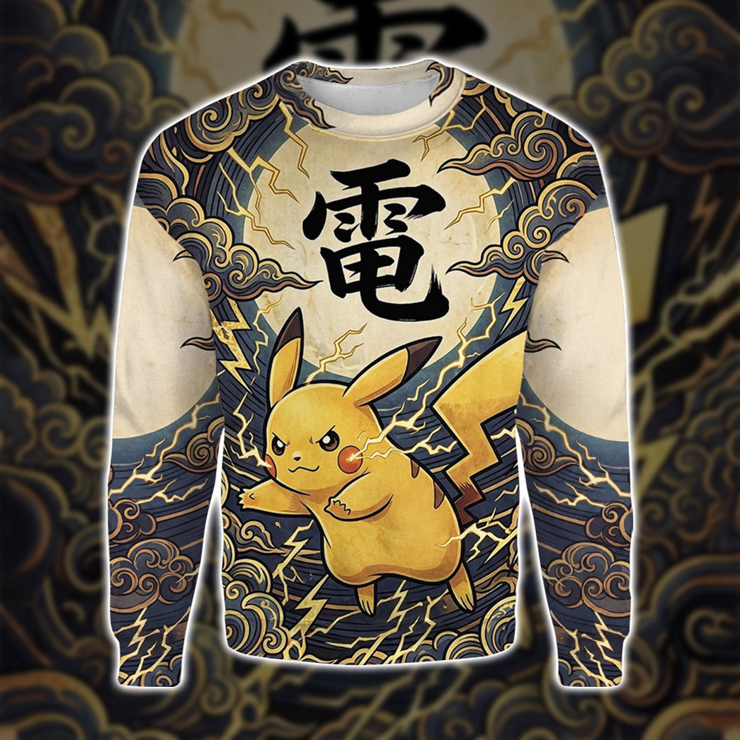 Anime PKM Pikachu Japanese Kanji Aesthetic All Over Printed Sweatshirt Hoodie Zip Hoodie T-Shirt