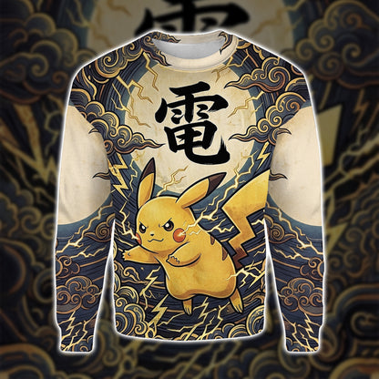 Anime PKM Pikachu Japanese Kanji Aesthetic All Over Printed Sweatshirt Hoodie Zip Hoodie T-Shirt