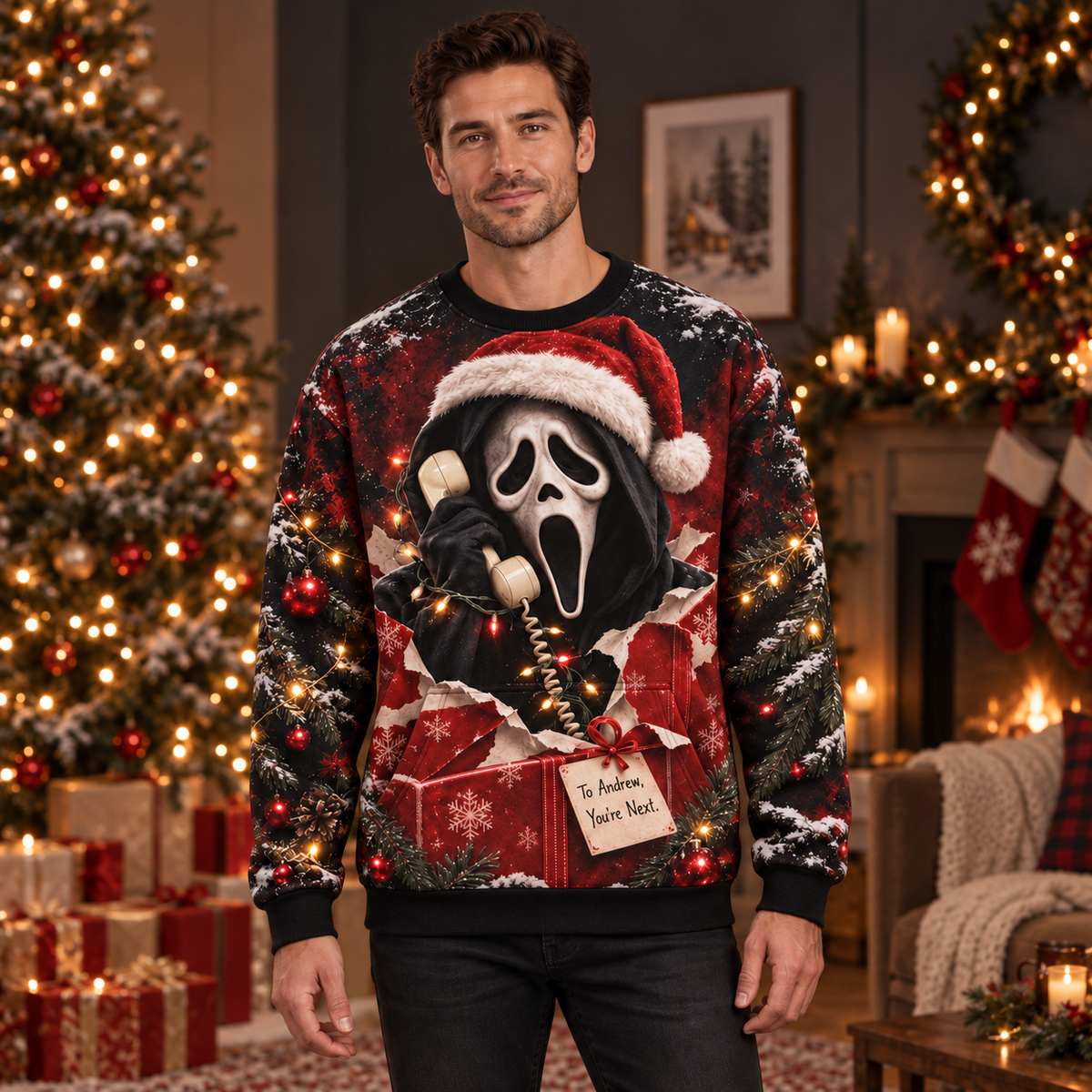 Personalized Your Name Christmas Scream AOP T-Shirt Sweatshirt Hoodie