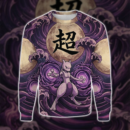 Anime PKM Mewtwo Japanese Kanji Aesthetic All Over Printed Sweatshirt Hoodie Zip Hoodie T-Shirt