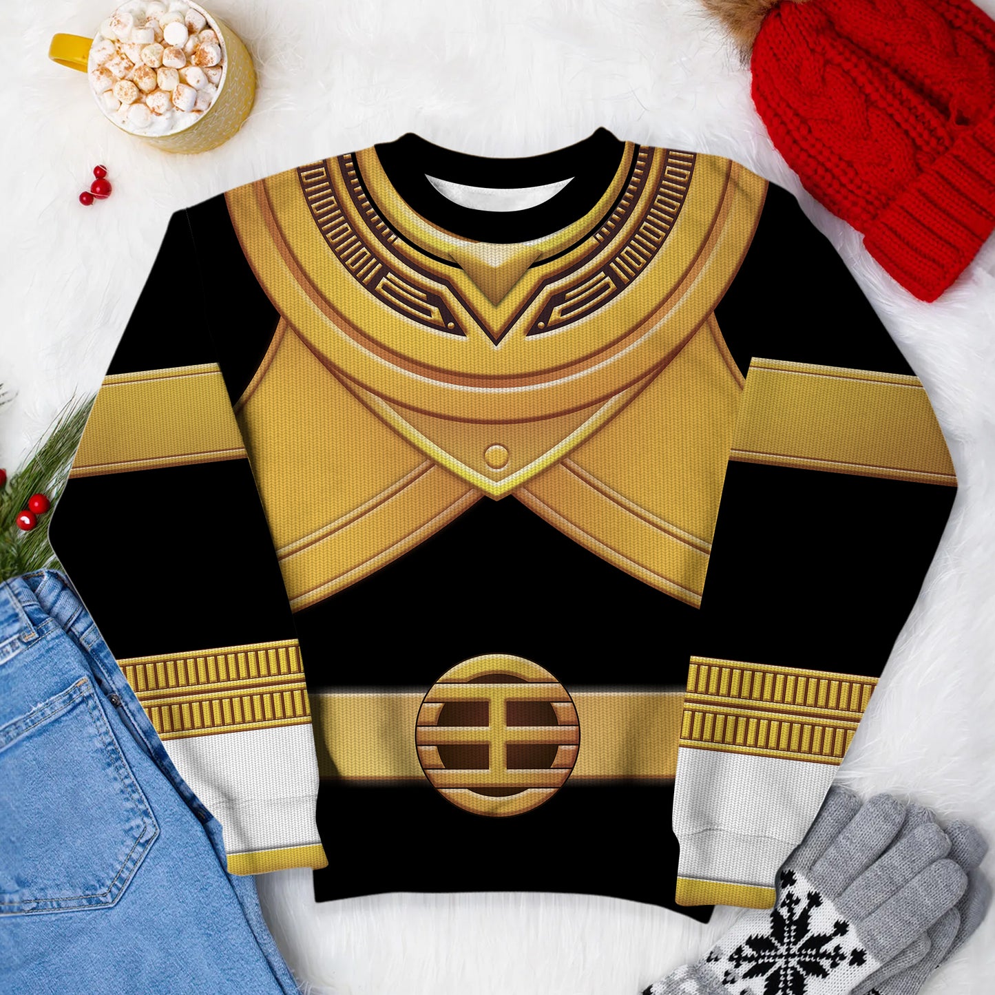 Gold Power Rangers Zeo Ugly Christmas Custom Imitation Knitted Sweatshirt