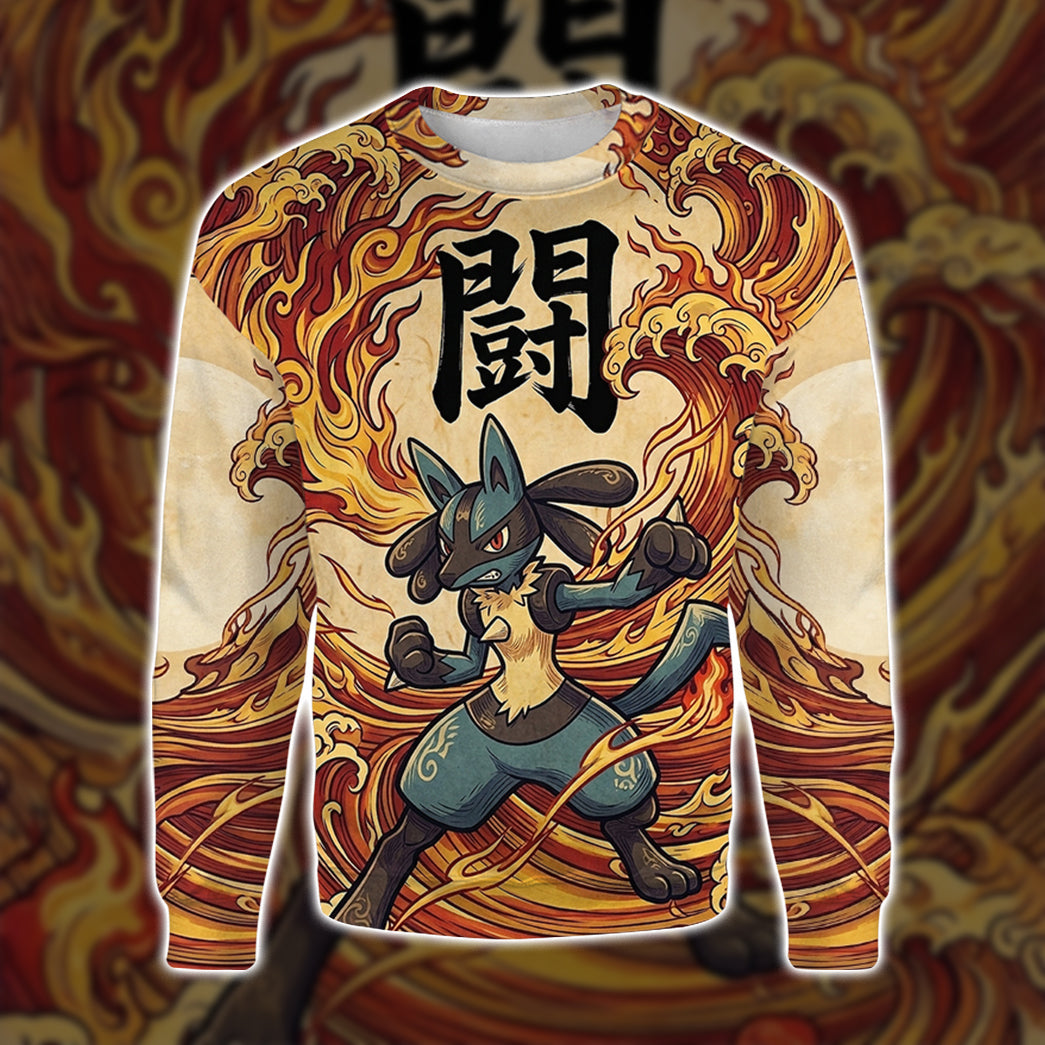 Anime PKM Lucario Japanese Kanji Aesthetic All Over Printed Sweatshirt Hoodie Zip Hoodie T-Shirt