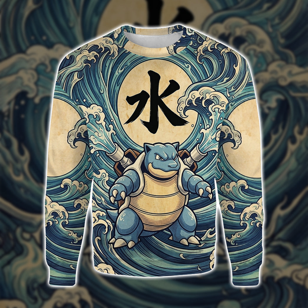 Anime PKM Blastoise Japanese Kanji Aesthetic All Over Printed Sweatshirt Hoodie Zip Hoodie T-Shirt