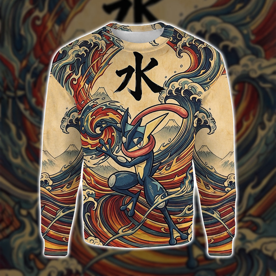 Anime PKM Greninja Japanese Kanji Aesthetic All Over Printed Sweatshirt Hoodie Zip Hoodie T-Shirt