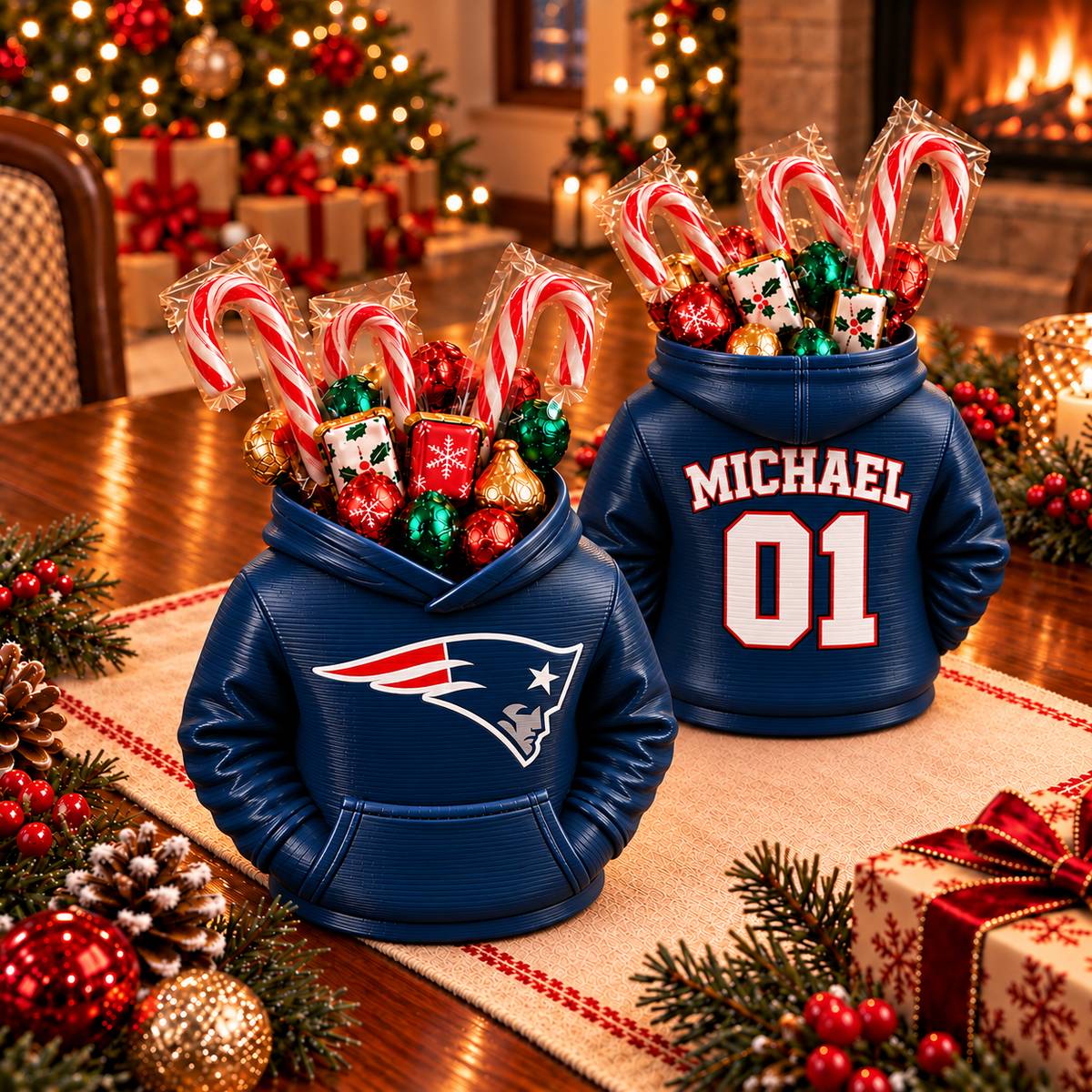 New England Patriots Personalized Hoodie Candy & Pen Holder – Custom Name & Number, 3D-Printed PLA