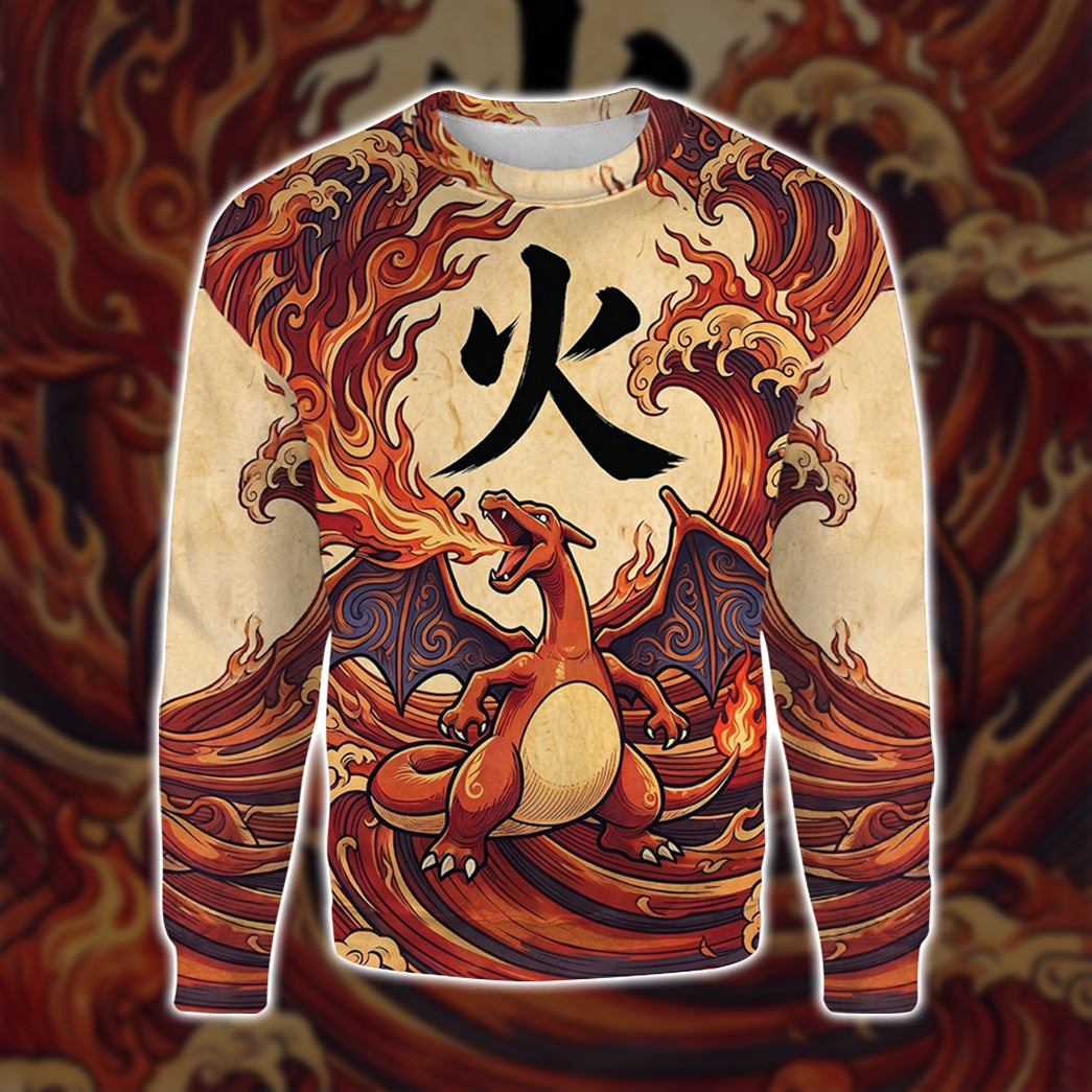 Anime PKM Charizard Japanese Kanji Aesthetic All Over Printed Sweatshirt Hoodie Zip Hoodie T-Shirt
