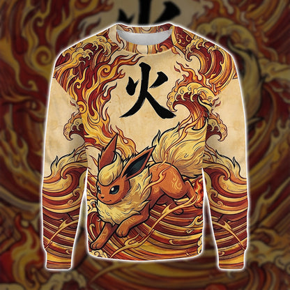 Anime PKM Flareon Japanese Kanji Aesthetic All Over Printed Sweatshirt Hoodie Zip Hoodie T-Shirt