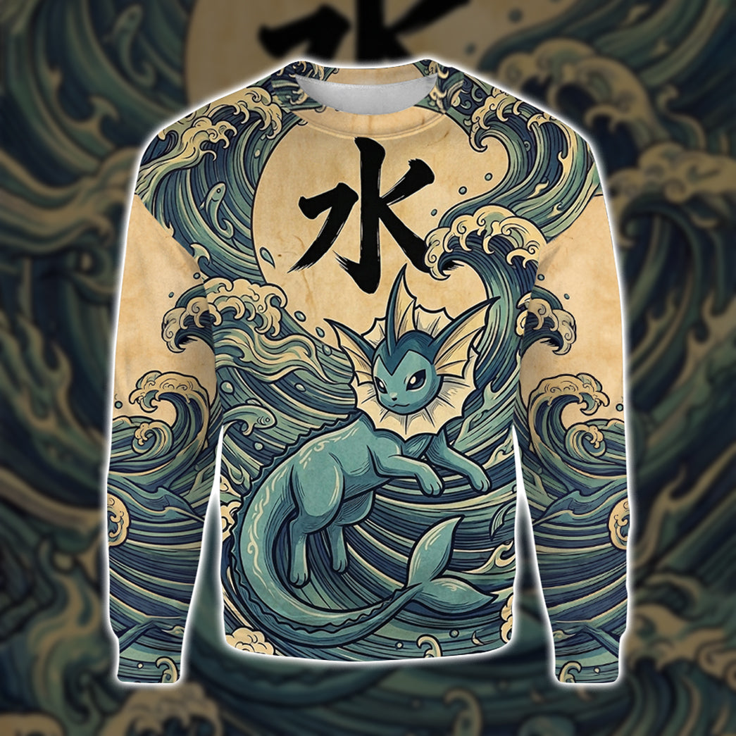 Anime PKM Vaporeon Japanese Kanji Aesthetic All Over Printed Sweatshirt Hoodie Zip Hoodie T-Shirt