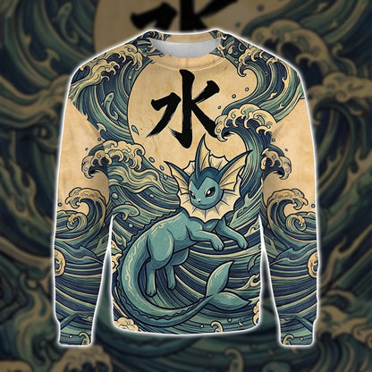 Anime PKM Vaporeon Japanese Kanji Aesthetic All Over Printed Sweatshirt Hoodie Zip Hoodie T-Shirt