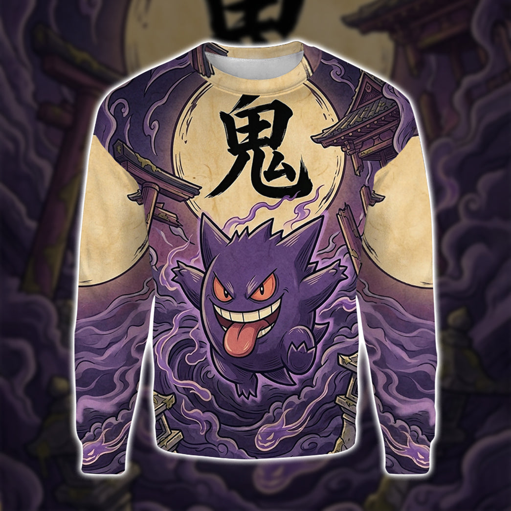 Anime PKM Gengar Japanese Kanji Aesthetic All Over Printed Sweatshirt Hoodie Zip Hoodie T-Shirt