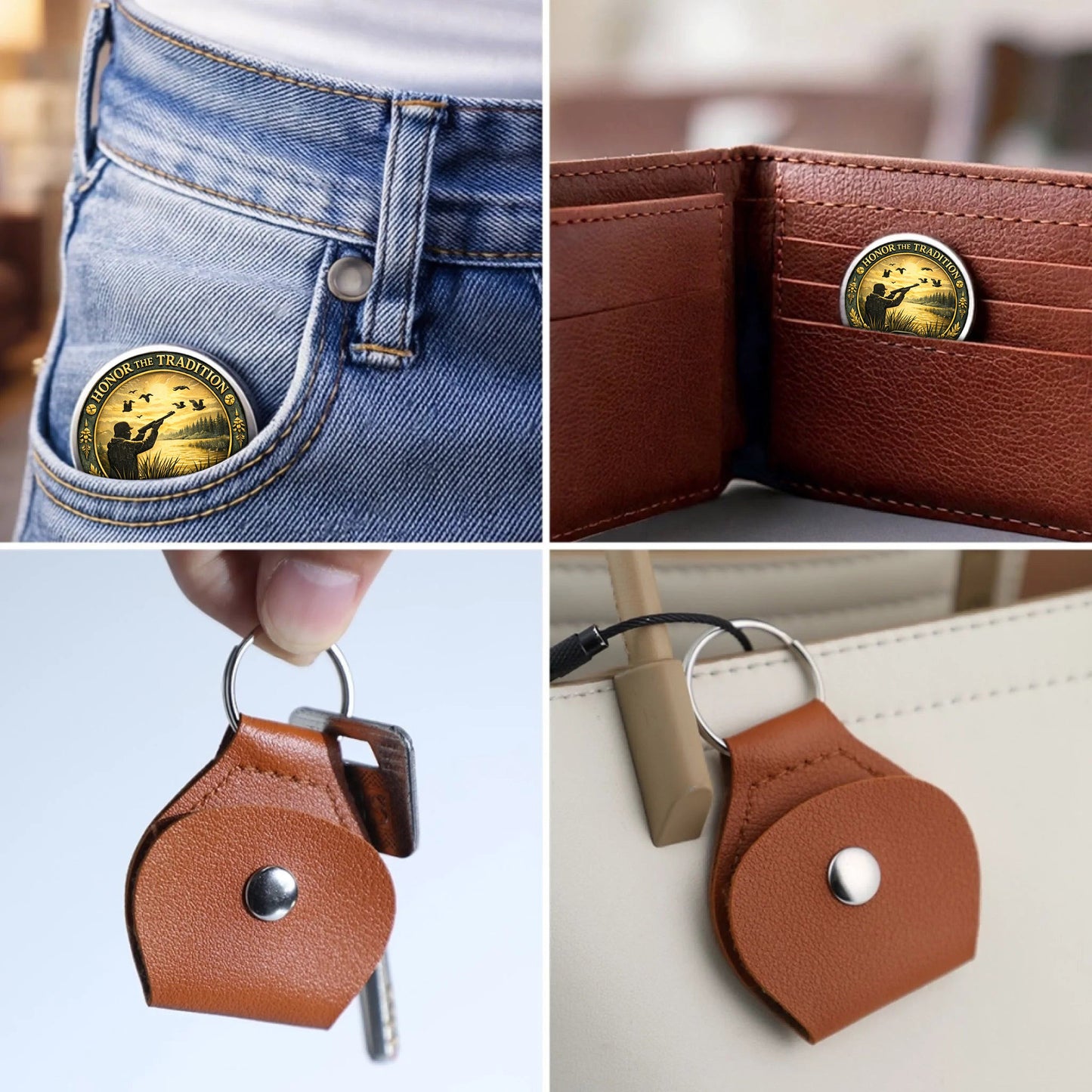 Born To Hunt Printed Commemorative Coin With Pocket Hug Leather Keychain