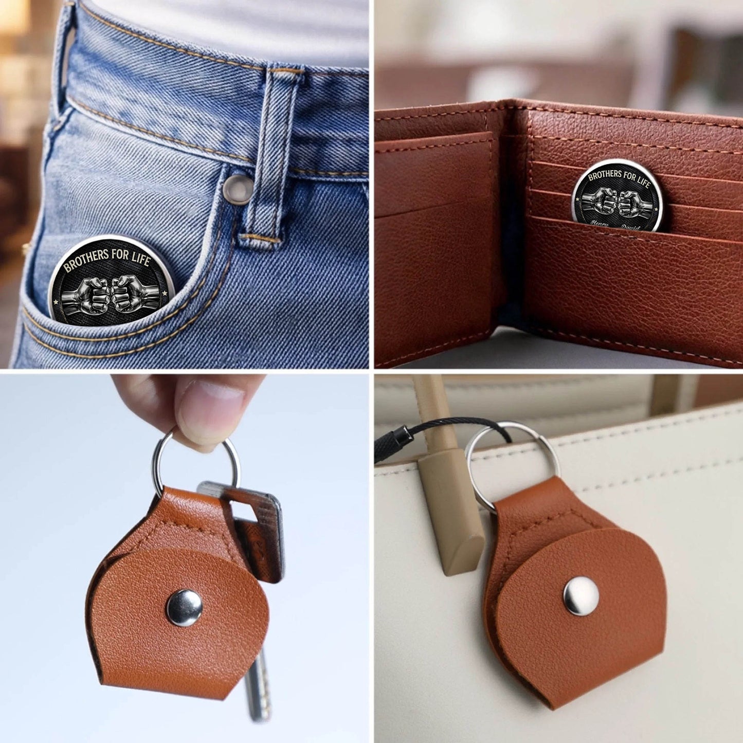 Brothers For Life Printed Commemorative Coin With Pocket Hug Leather Keychain