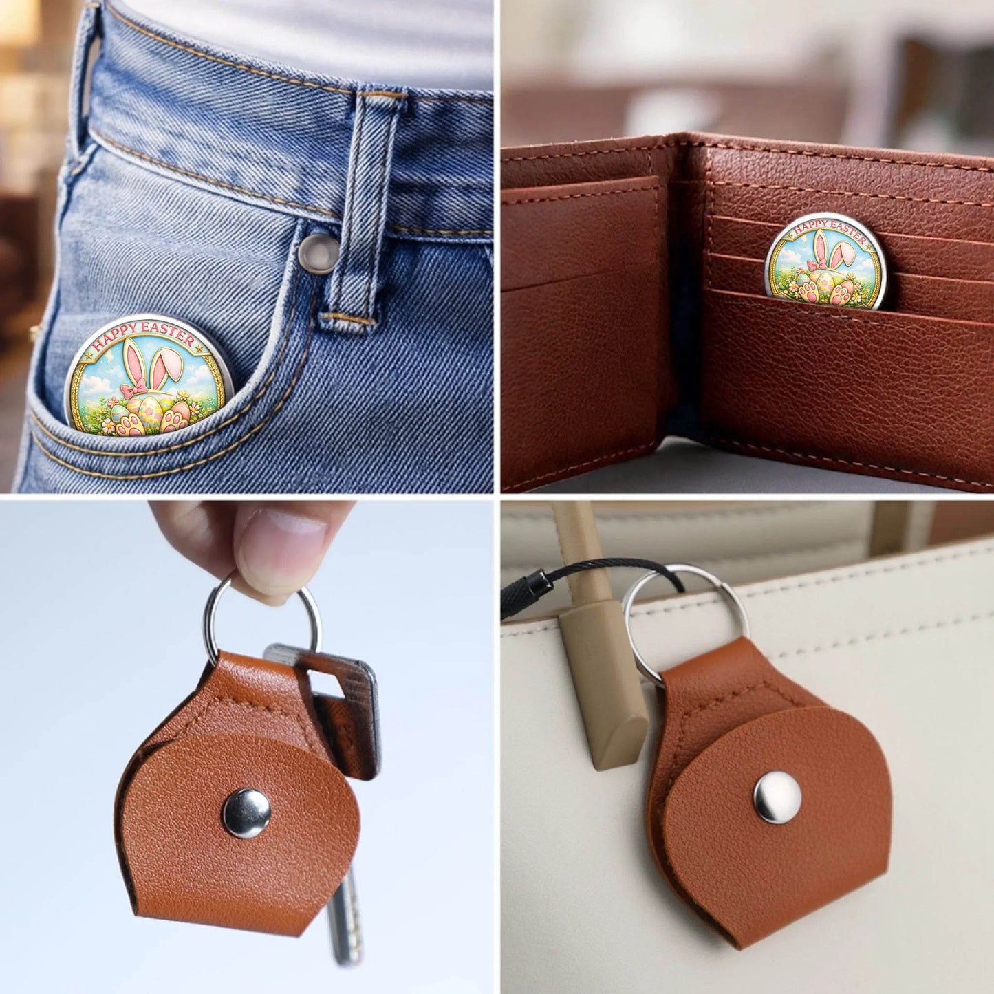 Happy Easter Printed Commemorative Coin With Pocket Hug Leather Keychain