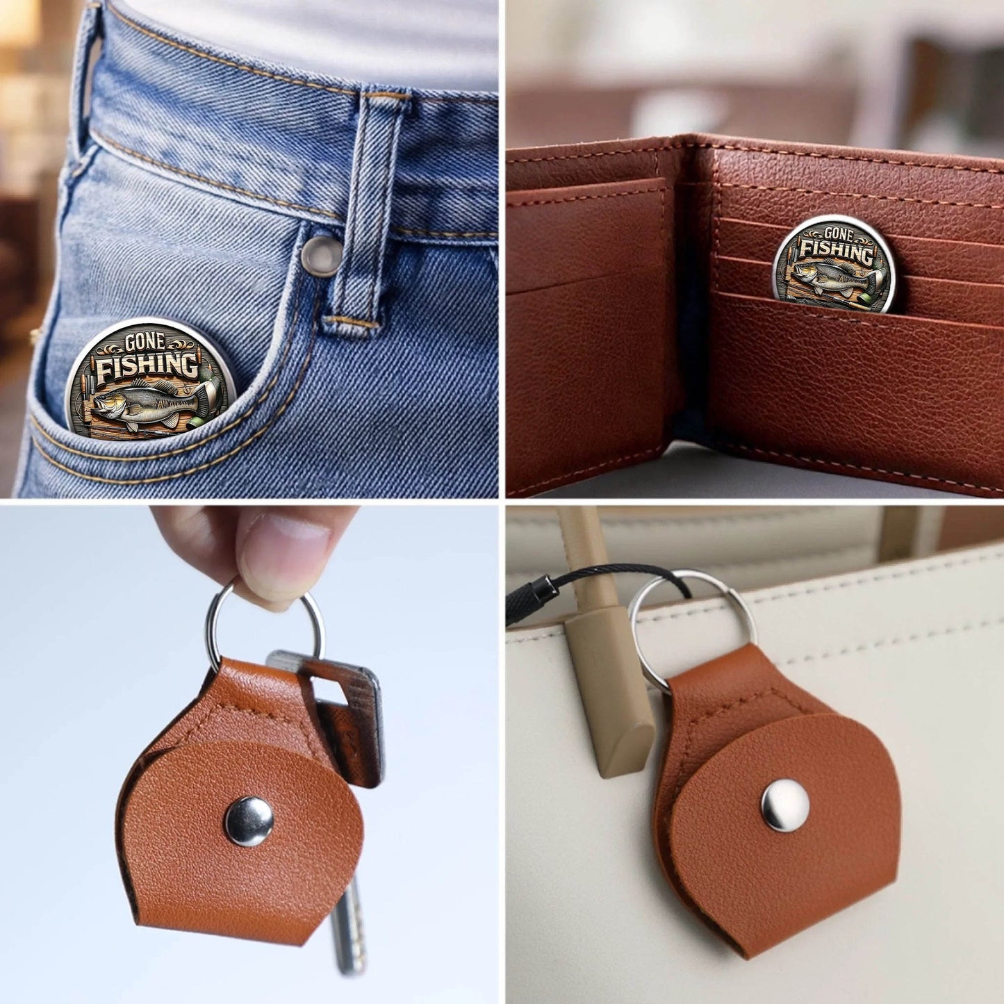 Gone Fishing Printed Commemorative Coin With Pocket Hug Leather Keychain