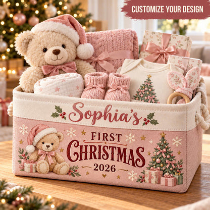 Personalized Baby First Christmas Storage Basket, Custom Name Storage Bin with Rope Handles