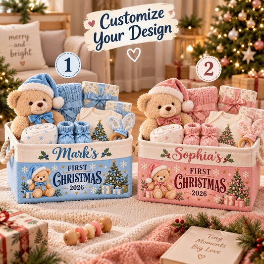 Personalized Baby First Christmas Storage Basket, Custom Name Storage Bin with Rope Handles