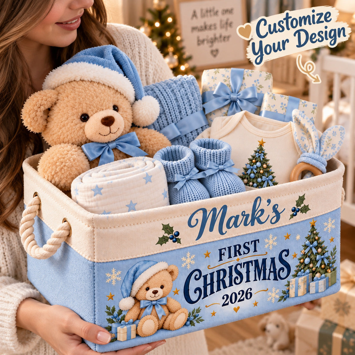 Personalized Baby First Christmas Storage Basket, Custom Name Storage Bin with Rope Handles