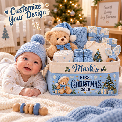 Personalized Baby First Christmas Storage Basket, Custom Name Storage Bin with Rope Handles